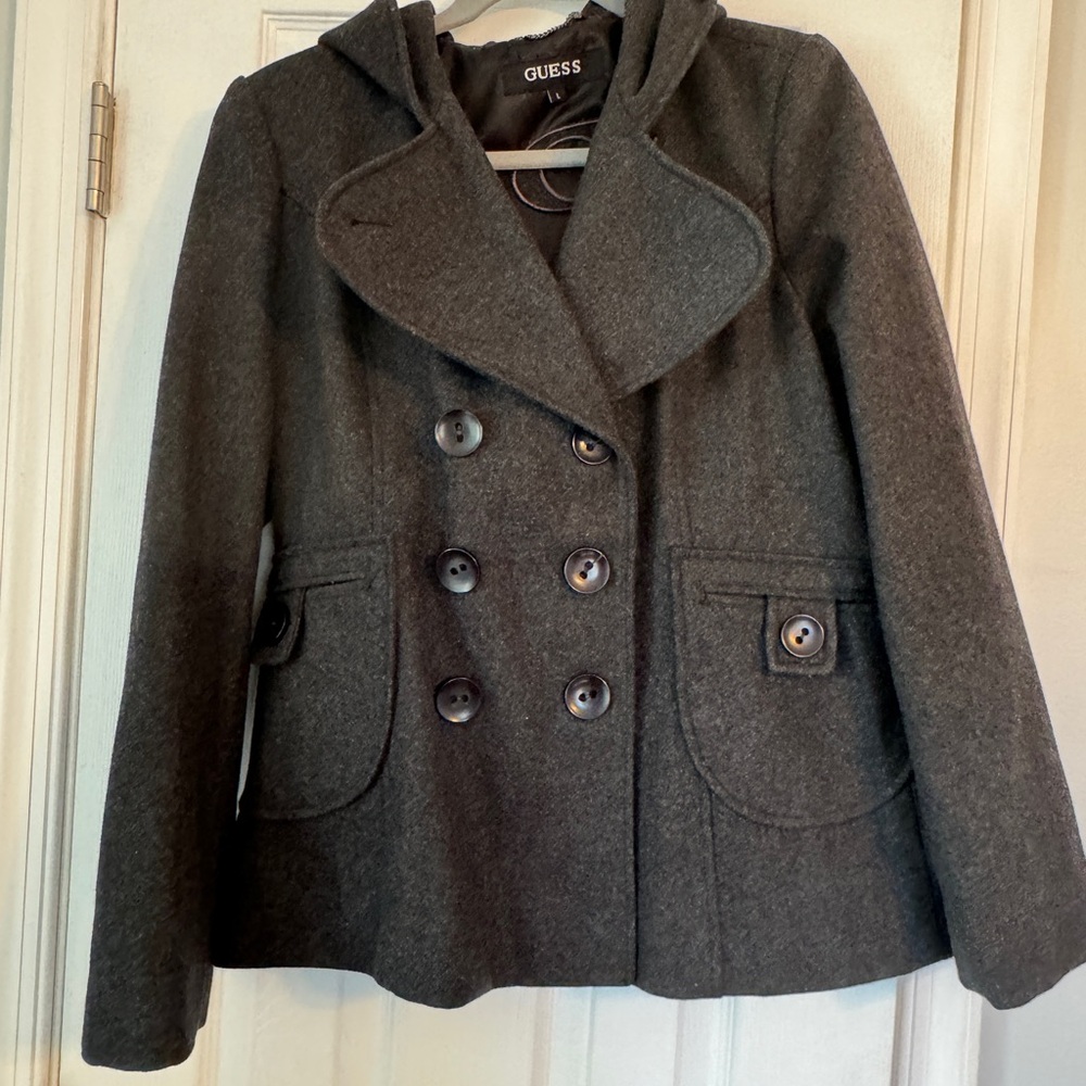 GUESS Women's Gray Peacoat Wool Jacket for Women, Hooded - Size L Gray Coat